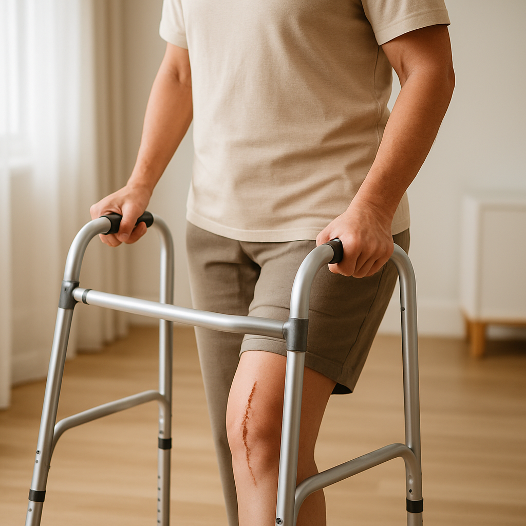 Represntation of a person using a walker because of a joint replacement surgery no seeing the face just medium shot