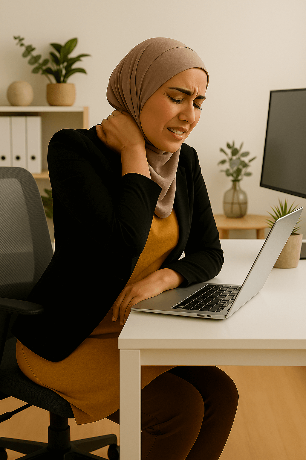 a person expierencing back and neck pain requiring care from physical therapy in rochester mn. In this photo she is middle eastern mid aged women working at a desk in an office at home
