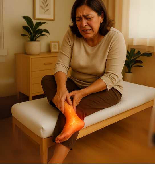 A middle-aged woman is experiencing pain from her neurological condition. In this case, it's neuropathy needing physical therapy in Rochester, MN, to heal symptoms; other conditions could be fibromyalgia or sciatica.